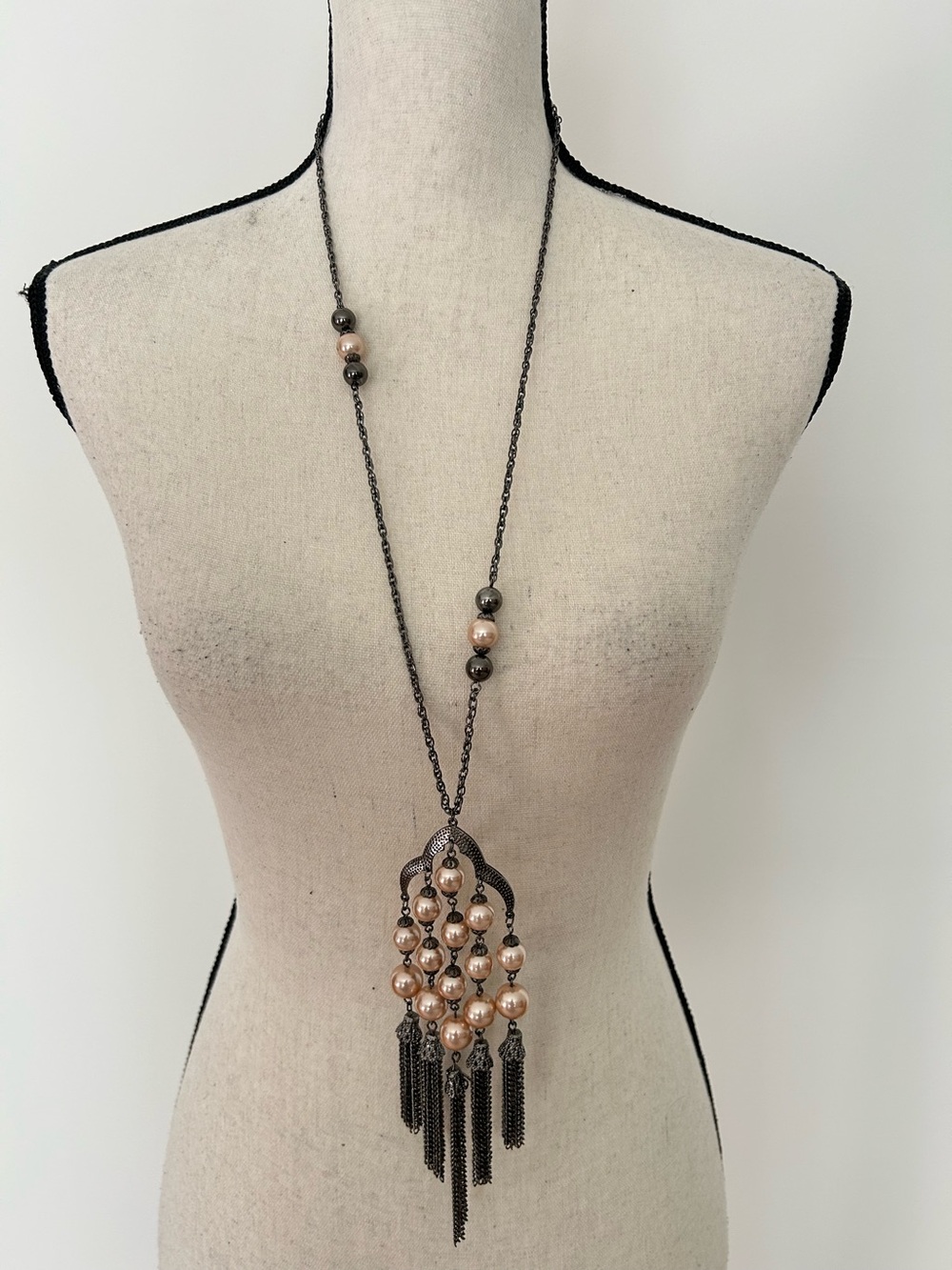 Long Champagne Faux Pearl Gunmetal Chandelier Tassel Statement Necklace